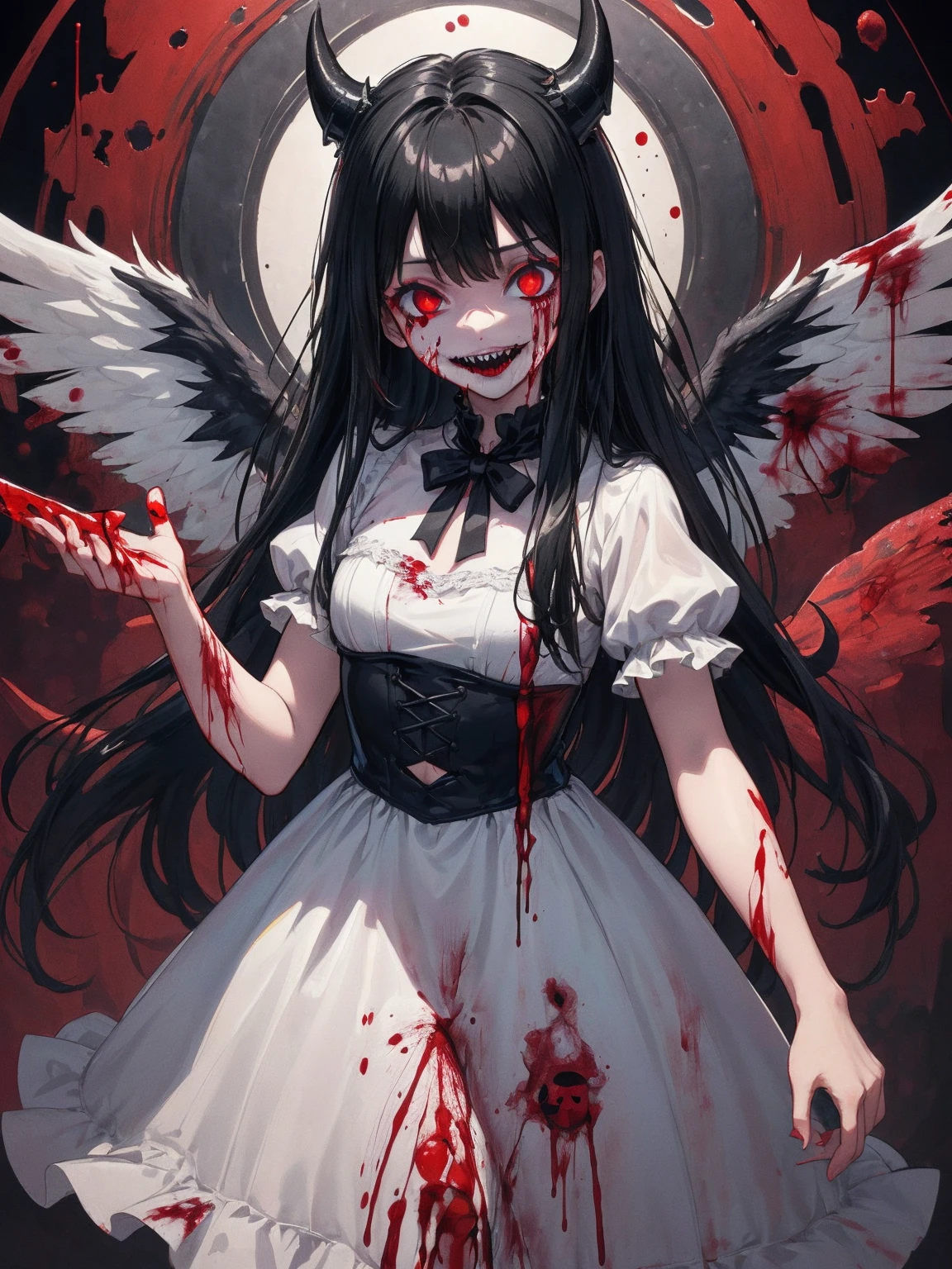 （tmasterpiece）， （best qualtiy）， （ultra - detailed）， （messy  hair）， （illustratio）， （1girll）， （fashionable attire）， Evil Goddess，Purple colored hair， standing on your feet，orthofacial， A fashion model， looking at viewert， （interview）， （simple backgound）， eye closeds，ssmile，Teethless， Delicate and beautiful face， floatking，（high saturated）， （colorful splashs）， colorful bubble， Hands behind you， （shiny）， Focus on the face，There are spells and blood stains in the background