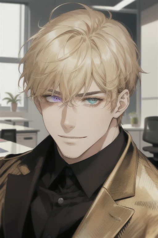 masterpiece, best quality, realistic, 1man, mature man, muscular tall, handsome, smile, closed mouth, portrait, extremely detailed face, (short hair), (golden hair), (heterochromia in eyes), CEO, Office home.