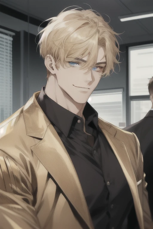 masterpiece, best quality, realistic, 1man, mature man, muscular tall, handsome, smile, closed mouth, portrait, extremely detailed face, (short hair), (golden hair), (heterochromia in eyes), CEO, Office home.