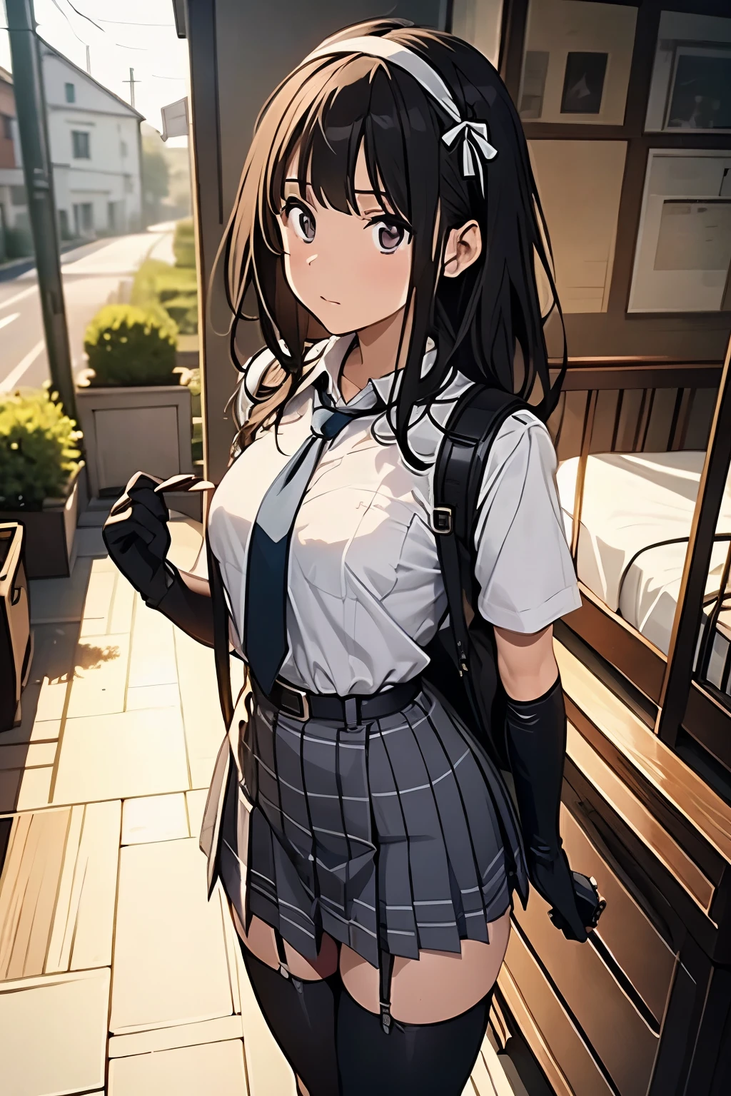 1 female, , high quality, masterpiece, Ultra-high resolution, , Cinema Lighting, , , And the suspenders with the cranes flying Moderate breasts Large Breasts Small face holster Lying in bed Looking up Sweat belt summer 脇Sweat Black Hole Gloves suit garterbelt Leg Links ズボンにbelt holster Hands behind your back Anxious expression Looking up Anxious face Knee-high Knee socks Knee-highソックス garterbelt garter ふとももにgarterbelt Checkered mini skirt Necktie Headband ribbon