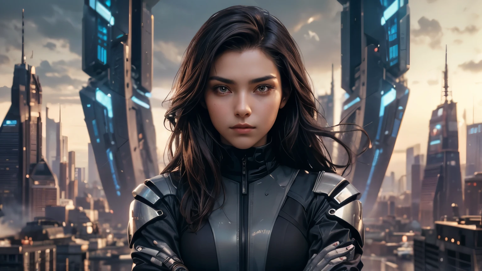 A beautiful woman. Dark brown hair. Twenty years old. He is looking at the camera with a defiant expression while folding his arms. She is wearing futuristic clothes. An image of a sophisticated futuristic city in the space behind her.