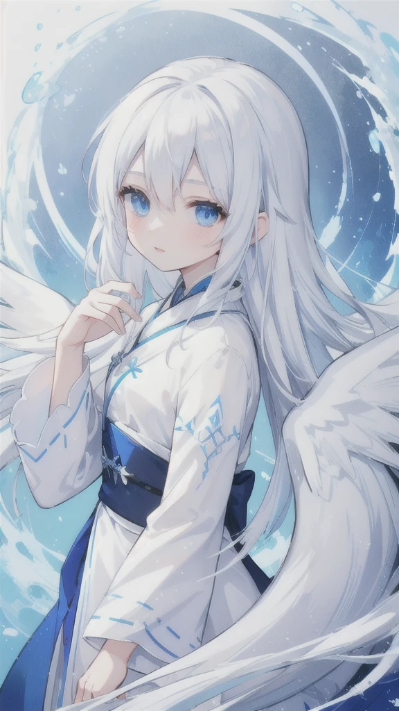 snow white hair，blue eyes，White Hanfu，ice silver armor，frozen dragon wings