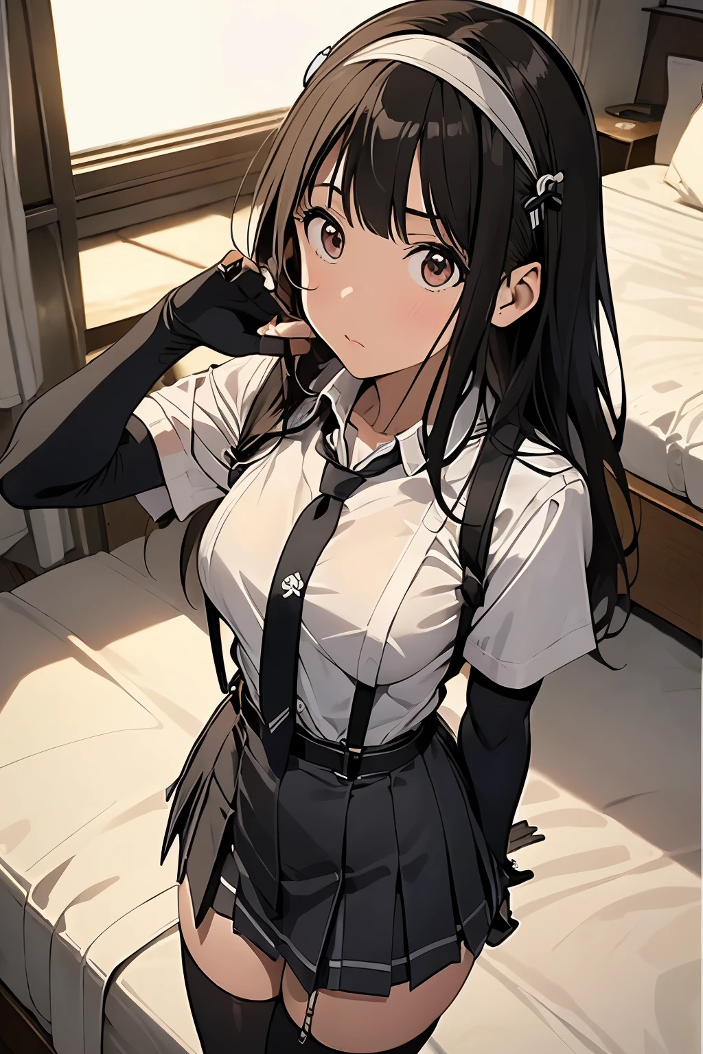1 female, , high quality, masterpiece, Ultra-high resolution, , Cinema Lighting, , , And the suspenders with the cranes flying Moderate breasts Large Breasts Small face holster Lying in bed Looking up Sweat belt summer 脇Sweat Black Hole Gloves suit garterbelt Leg Links ズボンにbelt holster Hands behind your back Anxious expression Looking up Anxious face Knee-high Knee socks Knee-highソックス garterbelt garter ふとももにgarterbelt Checkered mini skirt Necktie Headband ribbon