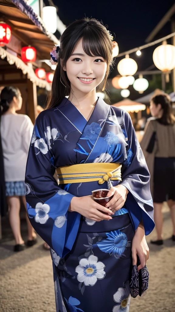 Having hair upstyled、Very Beautiful Japan Woman。She is wearing a long-sleeved yukata、She has striking bluish-black eyes and a bright smile.、Has an elegant posture。The background is a summer festival venue at night with many food stalls set up.。The image style is realistic.、It adds a touch of glamour.。