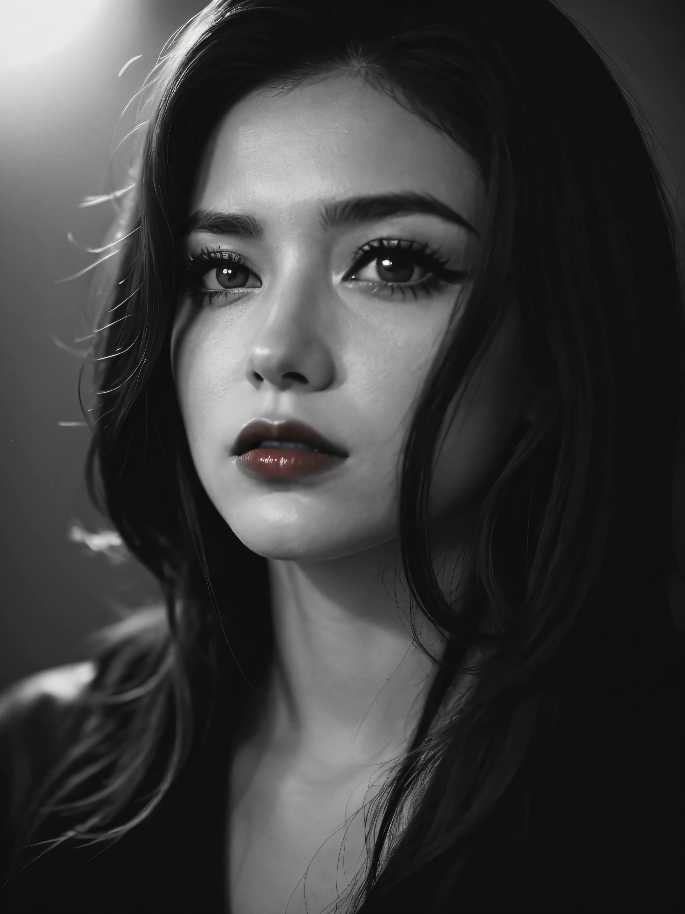 Photo noire et blanc, film noir style, Maginifique, 1fille, Seulement, demi-corps, Dramatic lighting, monochrome, high contrast, ombres dramatiques, 40s style, Mysterious, cinematic, Bright red lips (((Only lips red)))