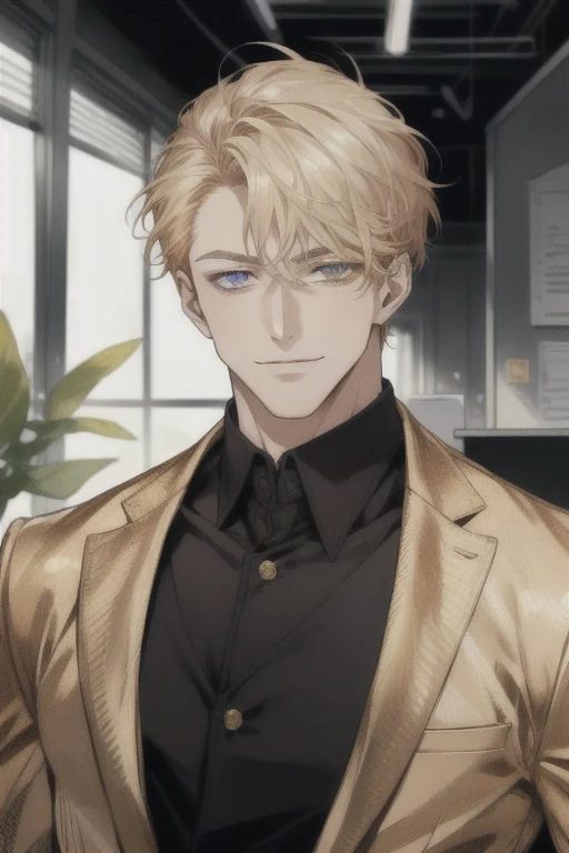 masterpiece, best quality, realistic, 1man, mature man, muscular tall, handsome, smile, closed mouth, portrait, extremely detailed face, (short hair), (golden hair), (heterochromia in eyes), CEO, Office home.