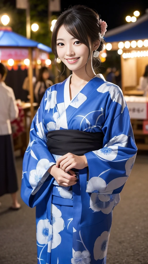 Having hair upstyled、Very Beautiful Japan Woman。She is wearing a long-sleeved yukata、She has striking bluish-black eyes and a bright smile.、Has an elegant posture。The background is a summer festival venue at night with many food stalls set up.。The image style is realistic.、It adds a touch of glamour.。