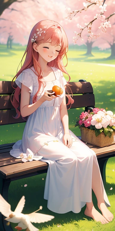 (tmasterpiece, Best quality at best, Photorealistic, A high resolution:1.3), Young girls, (elegant guitarist:1.2), (long chestnut pink hair:1.1), (soft hazel eyes:1.2) exuding warmth, Tranquil outdoor environment, (Sunny garden:1.2), flowers in full bloom, vibrant butterflies, light wind, (White summer dress:1.1), Walking barefoot on the green grass, (acoustic electric guitar:1.2), Fingers gently pluck the strings, (Melodious :1.1), Enchanting melodies fill the air, soft sun light, a warm color palette, peacefulatmosphere, (A satisfied smile:1.2), Close your eyes in harmony, (singing birds:1.2) perch nearby, intimacy with nature, (bench:1.1), old age, (Picnic basket:1.1) Served with fruit and wine, golden hour glow, (Emotional resonance:1.2), bird's eyes view, immerse in the moment, (Scenes:1.3), Soft sun light casts long shadows, cherry blossom trees in the background, Calm happiness, a white cat sit next to her