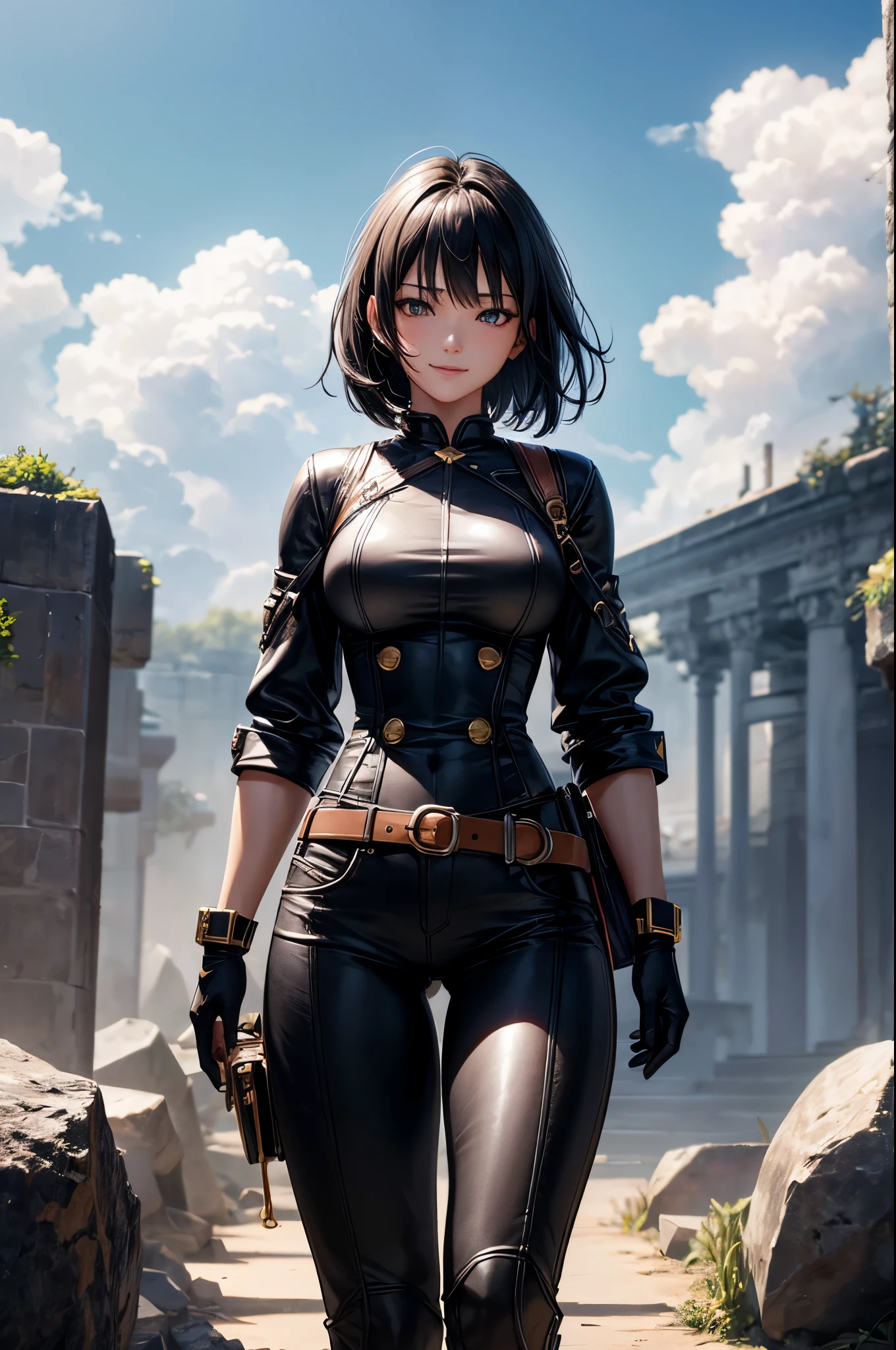 8k、alone,16 year old big breasted beauty,Super Beauty(Like the real thing),Iris,super beautiful teenager,Black short bob hair,黒と赤のSexy Exterior,Black trousers,Golden decoration,Demon Slayer: Androgynous Beauty,A wonderful work of art、Wind effects:1.9、Cloud Effect:1.2、Full Rendering,Unreal Engine、Ultra-high resolution,super 超Realistic Skin,Ultra-precise hand-crafted detailing,smile,Photorealistic RAW photos of the highest quality。Backlight, Cinema Lighting, Film Grain, 50mm lens, Nikon D850,Realistic Skin,Fantasy art,Character Art,Ultra-high resolution,Muscular and slim body,Muscular and lean lower body,Precise facial details,What's left behind,Perfect hands,Cool sexy beauty,landscape,Extremely ripped abs,Muscular Beauty,Very large breasts,Sexy Exterior,Wide open chest,Body balance,smile,Makeup,Accentuate your cleavage,Dynamic fighting pose,
