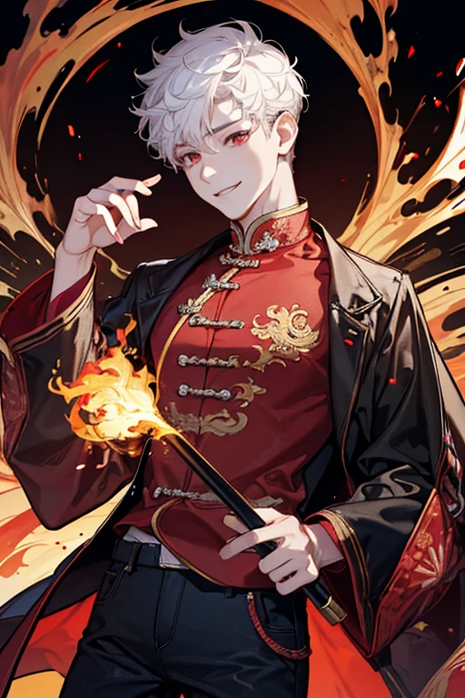 Young man with short white curly hair,Cao Cao,Eyes red,black sweatshirt with flame print and jeans,with a sweet smile