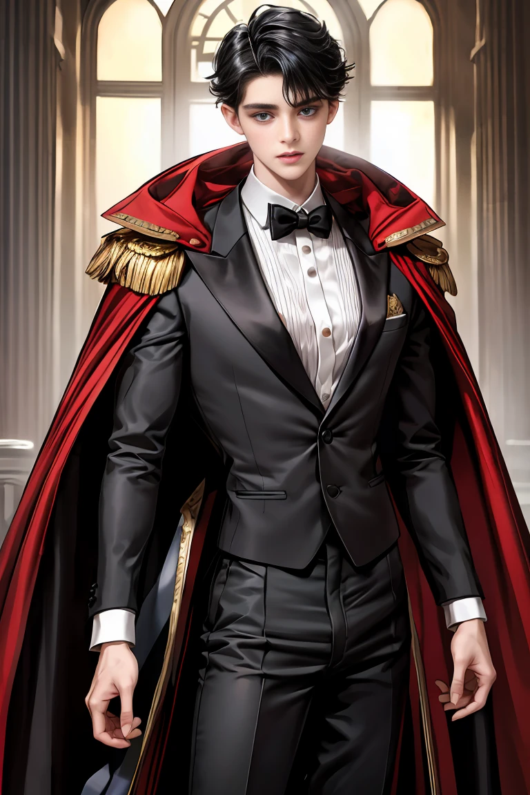 
masterpiece, 最high quality, high quality, 1 boy, alone, Male focus, Watching the audience,  Messy black hair, Adorable big blue eyes, White, Noble, Noble,A black and red cape that is bursting with sexy volume、Tuxedo、A very voluminous, large, very large, very large, long, long red and black cape with a high stand-up collar, made of a lot of fabric that reaches down to the floor., 17 years old,Cute beautiful boys,Cute, cute, kind, handsome guy