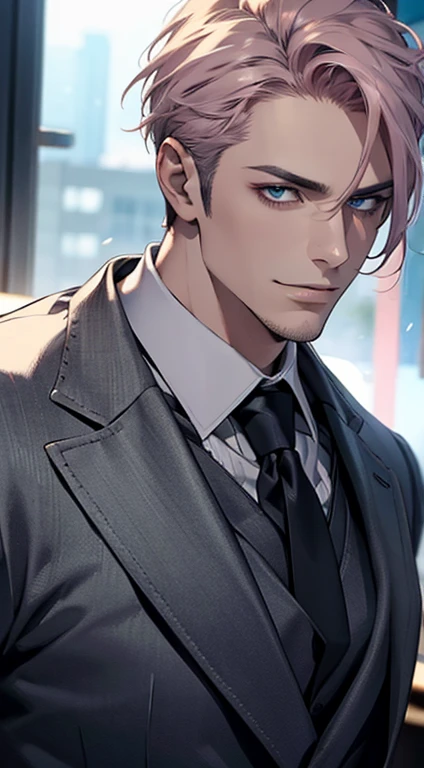 (best quality,4k,8k,highres,masterpiece:1.2),ultra-detailed,(realistic,photorealistic,photo-realistic:1.37),1 man,31 years old,mature man,very handsome,without expression,smile,short grey pink hair,blue eyes,penetrating gaze,perfect face without errors,imposing posture,businessman,office background,cinematic lighting,hdr image