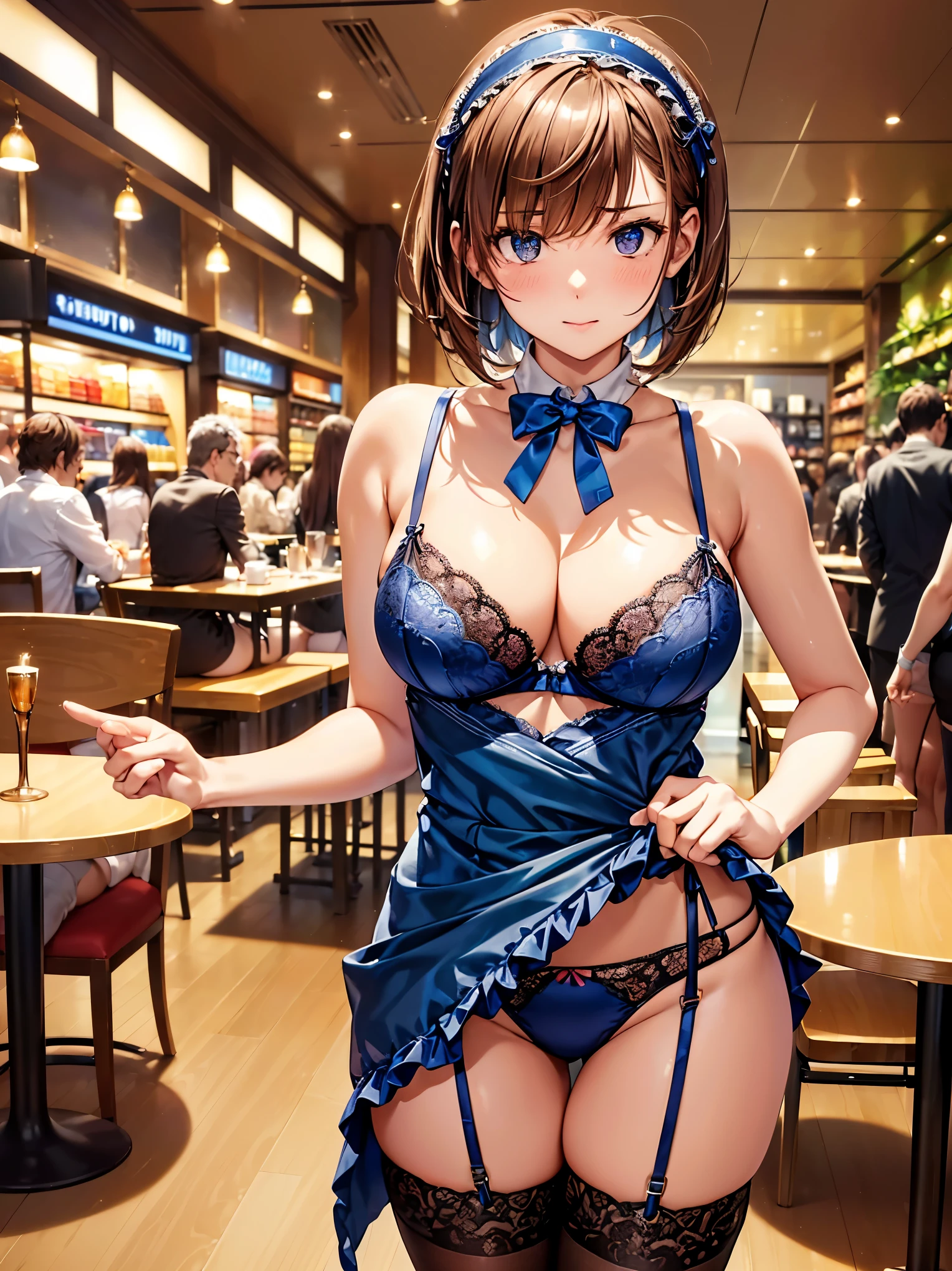 (((masterpiece, Highest quality, High resolution, 超High resolution, Perfect Pixel, Depth of written boundary, 4K, RTTX 10.0))), Beautiful Anime Woman, Beautiful art style, Anime characters, ((Smooth texture, Realistic texture, Anime CG Style)), Perfect and accurate finger count、Exact number of legs、(Exact number of arms:1.0, Exact number of hands:1.0), (Perfect hands, Perfect Anatomy), Cinematic, Realistic, Extremely detailed CG, Daytime lighting, Perfect lighting, Best Shadow, The best natural light, whole body, Perfect body, バランのとれたPerfect body, Perfectly balanced style, Slender body, ((bangs, Reddish brown hair, Bobcut)), ((A cute adult woman is standing facing this way:1.8)), ((Bow tie around neck:1.3), (Sexy and cute blue underwear:1.3), (Stylish shiny blue satin panties, Side-tie panties, Panties with plain blue center and lace decoration on the sides:1.3), (Thin panties:1.3), (Blue micro lace satin bra, Blue bra with lace trim around the edges, Thin bra:1.3), (lace garter belt, Garter Strings, Knee socks:1.3):1.3), (Beautiful big boobs:1.1), (Embarrassed expression:1.7), blush, (Stylish restaurant, Many visitors in the background, Inside the crowded store, Tables and chairs filled with male customers, Many men sitting at tables and chairs, The attention men are giving her:1.7), naked, In underwear, パンティとブラとガーターベルトとKnee socksだけ, (Ruffled headband:1.2), Angle from the front