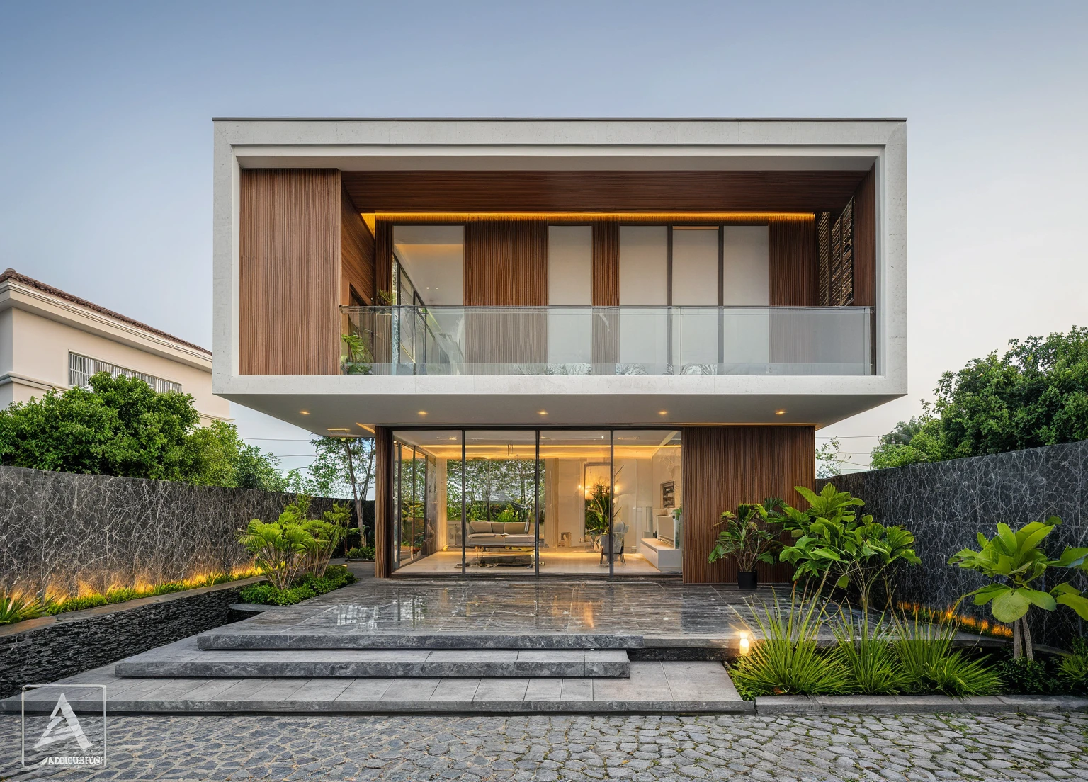 modern villa on street, (night scene), tropical tree, vivid colour, streetcapes, white tone, white wall, large glass door, warm interior lighting, wood and marble, best quality, 17ArchiAI_XL_VL-v1