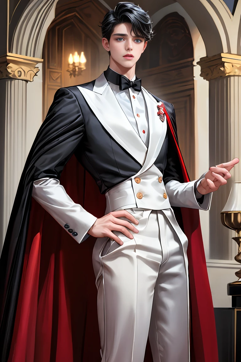 masterpiece, 最high quality, high quality, 1 boy, alone, Male focus, Watching the audience, Messy black hair, Adorable big blue eyes, White, Noble, Noble,A black and red cape that is bursting with sexy volume、Tuxedo、A very voluminous, large, very large, very large, long, long red and black cape with a high stand-up collar, made of a lot of fabric that reaches down to the floor., 17 years old,Cute beautiful boys,Cute, cute, kind, handsome guy