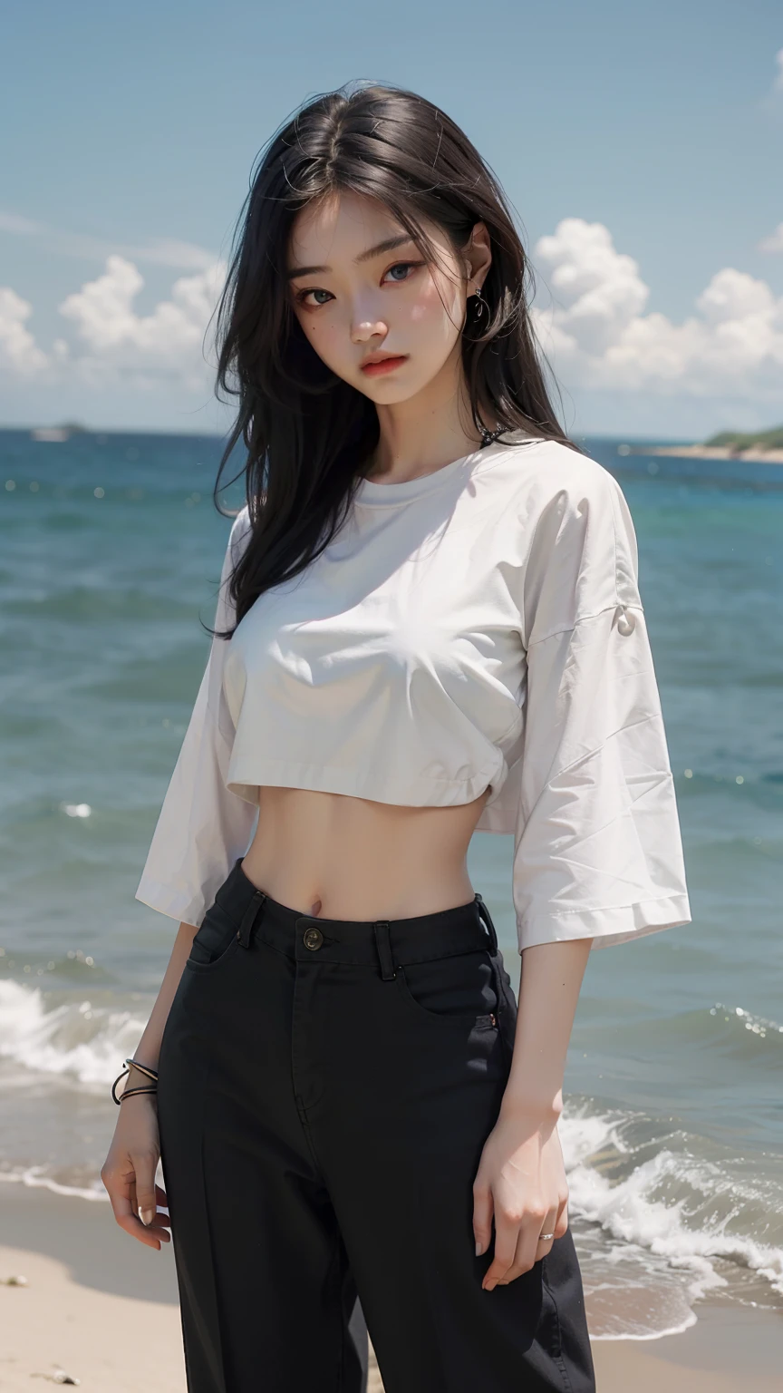 Black Hair, Surrealism, 8k, Super Detail , Random Crop Top Shirt , Ocean、、Wide-leg trousers