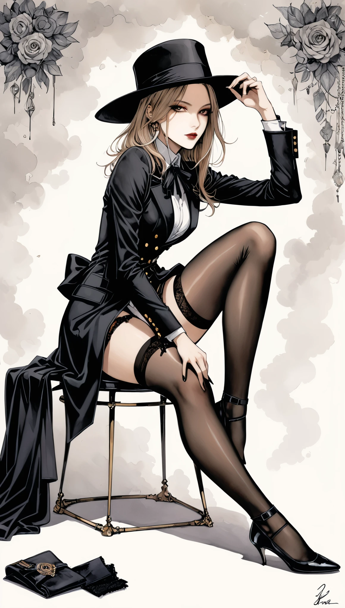 in style of Santiago Caruso,1girl,London Fashion,Female Agent,New era,stockings,Garter,(((adjusting legwear))),In a sexy pose
