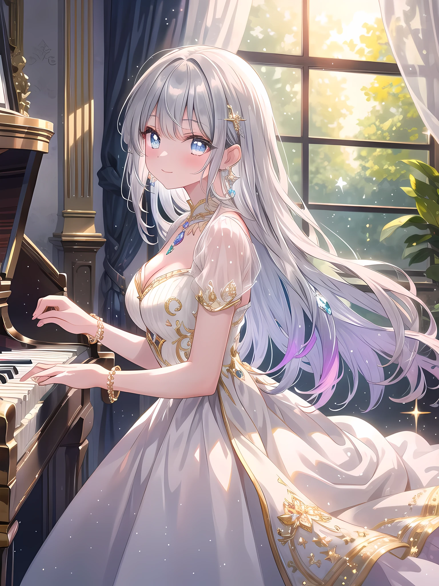 ((8k, best quality, master piece: 1.3)),super high resolution,(1 girl, solo), (colorshift eyes, hyperdetailed, expressive sparkling, glitter, glowing eyes), ultra detailed eyes, ultra-detailed face, random hair, ((silver gray color))A young lady sits at the piano in a luxurious music room, her silver hair shining with a silky luster, smiling gracefully. Her hair is long and sparkling with a crystal hair ornament. Her dress is made of silk with white and gold embroidery, studded with jewels and crystals, and shines with rainbow colors when the light reflects it.
A diamond necklace sparkles around the young lady's neck, and diamond earrings sway from her ears. Many rings set with gemstones shine on her fingers, and a crystal bracelet sparkles on her wrist. Her eyes are deep blue, and she plays the piano with a graceful smile.
In the background is a luxurious music room, with antique wooden furniture and sheet music lined up. Soft sunlight pours in through the large windows, and the whole room is bathed in a warm light. A crystal candle holder stands on top of the piano, reflecting the rainbow light. This scene perfectly expresses the young lady's passion for music and her luxurious life.A whimsical scene featuring a rainbow bokeh effect. The background is filled with out-of-focus points of light in various colors, creating a soft, dreamy atmosphere. The main subject is sharply in focus, standing out against the blurred, colorful backdrop. The light spots shimmer and change colors, adding a magical touch to the image.