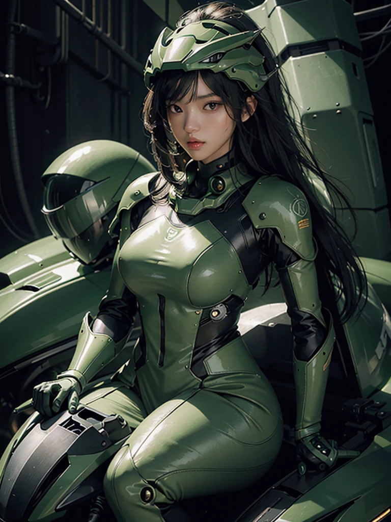 Highest image quality, outstanding details, ultra-high resolution, (realism: 1.4), the best illustration, favor details, highly condensed 1girl, with a delicate and beautiful face, dressed in a black and green mecha, wearing a mecha helmet, holding a directional controller, riding on a motorcycle, the background is a high-tech lighting scene of the future city.