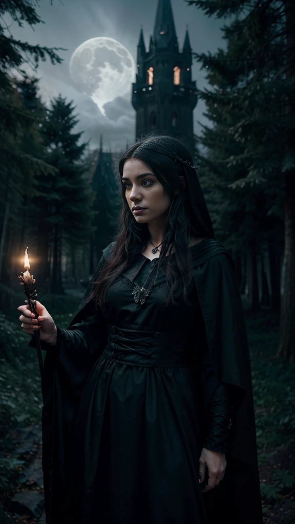 "(best quality, higher, ultra-detailed), The goddess casting mystical glowing spells in a haunted forest, orange and purple hues, portraits, vivid colors, extreme detail description, sharp focus, physically-based rendering, studio lighting, horror, witch, magical, eerie atmosphere, swirling fog, ethereal glow, ancient trees, twisted branches, moonlit sky, mysterious shadows, spellbinding, enchanting, hauntingly beautiful"