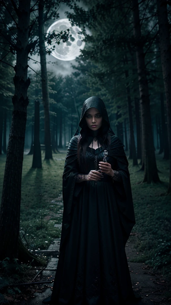 A powerful and mysterious witch standing in a dark, enchanted forest. She wears a flowing black cloak adorned with silver runes and holds a glowing staff. Her eyes gleam with magic as she casts a spell, causing the air around her to shimmer. The forest is filled with twisted, ancient trees, glowing mushrooms, and swirling mist. In the background, a full moon illuminates a gothic tower, adding to the eerie atmosphere. Add Lightroom presets, hd