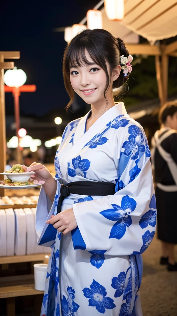 Having hair upstyled、Very Beautiful Japan Woman。She is wearing a long-sleeved white yukata.、She has striking bluish-black eyes and a bright smile.、Has an elegant posture。The background is a summer festival venue at night with many food stalls set up.。The image style is realistic.、It adds a touch of glamour.。