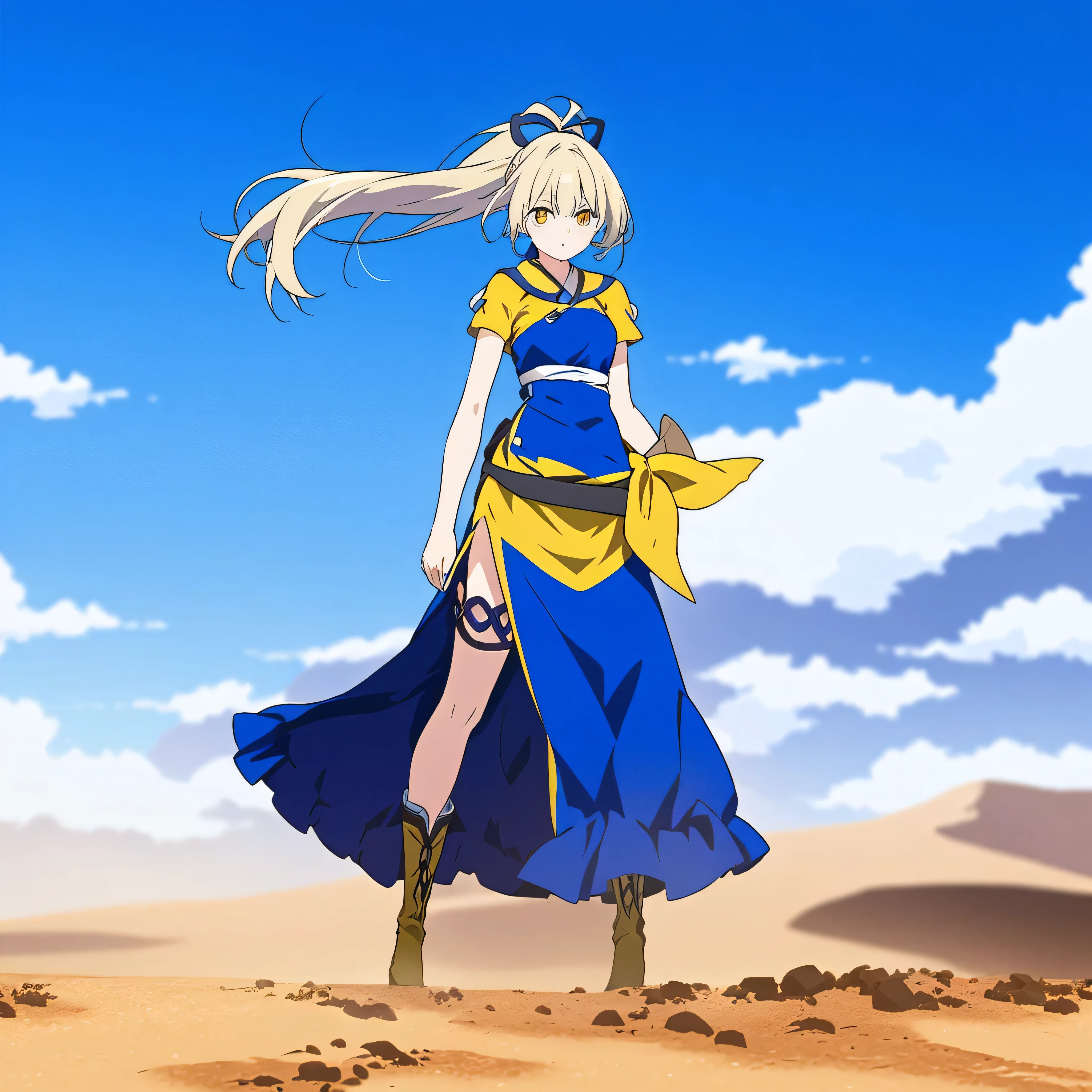 anime girl in blue and yellow outfit standing in desert area, menou from shokei shoujo no virgin road,