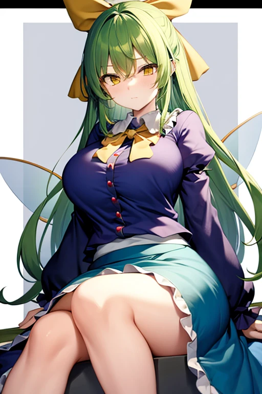 Rie kishibe (digimon),green hair, black elbow gloves, yellow blazer, yellow pencil skirt, stockings, black pumps, 1girl, solo, cleavage,