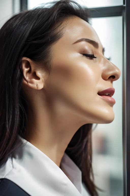 One Girl,Flying debris,,Award-winning photo, Very detailed, Edge Orgasm,Face Focus, (Woman with open mouth and closed eyes ), 30 years old、Black Hair、Glowing Skin、Face close-up,From below、Realistic nostrils、Long and narrow nasal cavity,、train、(train車内,By the window)、congestion、Are standing、((suit))、Big Breasts、(Sharp Nose)Grimacing performance:1.4, concept,teeth,performance,facial performances,Grimacing,Lift your head、