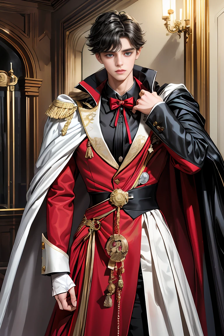 
masterpiece, 最high quality, high quality, 1 boy, alone, Male focus, Watching the audience,  Messy black hair, Adorable big blue eyes, White, Noble, Noble,A sexy, voluminous, puffy cape、tuxedo、A very voluminous, large, very large, very large, long, long red and black cape with a high stand-up collar, made of a lot of fabric that reaches down to the floor., ,Cute beautiful boys,Cute, cute, kind, handsome guy