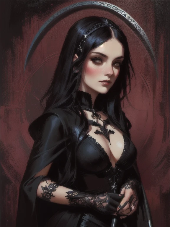 a close-up of a woman in a black dress holding a scythe, artistic style tom bagshaw, gothic fantasy art, gothic art style, gothic art, tom bagshaw's artistic style, artgerm e tom bagshaw, gothic maiden, earley, tom bagshaw style, Beautiful Necromancer, Not Anne Stokes style, goth girl