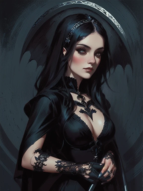 a close-up of a woman in a black dress holding a scythe, artistic style tom bagshaw, gothic fantasy art, gothic art style, gothic art, tom bagshaw's artistic style, artgerm e tom bagshaw, gothic maiden, earley, tom bagshaw style, Beautiful Necromancer, Not Anne Stokes style, goth girl