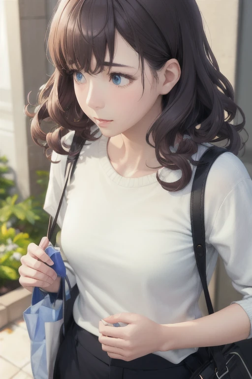 girl,Character design sheet,Beautiful attention to detail,Beautiful lip detail,Very detailed目と顔,Long eyelashes,Realistic,photoRealistic:1.37,Very detailed,Professional,Vibrant colors,Studio Lighting,Sharp focus,Physically Based Rendering,High resolution,超High resolution. blue eyes,Big eyes, Long Hair,Curly hair、Black Hair,Red cheeks,Droopy eyes,Small breasts,sweater,Chino pants,Tote,profile,whole body,look up