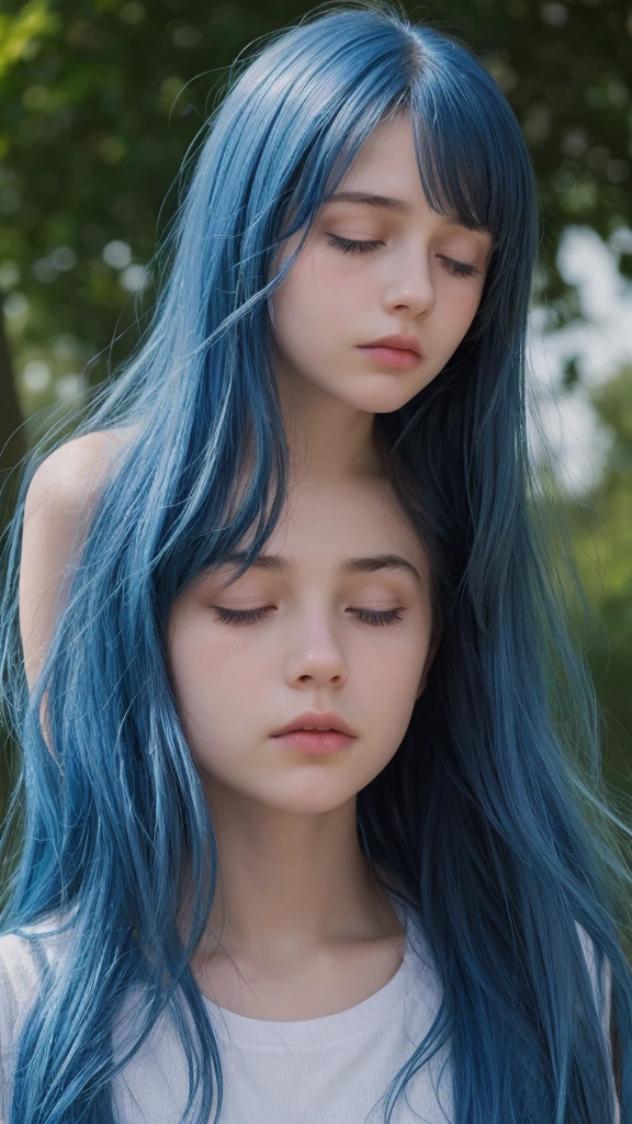 a girl.  Europe.  Oval face.  delicate facial features.  charming.  half-closed eyes.  blue eyes.  long straight hair.  messy hair.  bangs.  blue hair.  Sad.  shy.  straight face.  outdoor