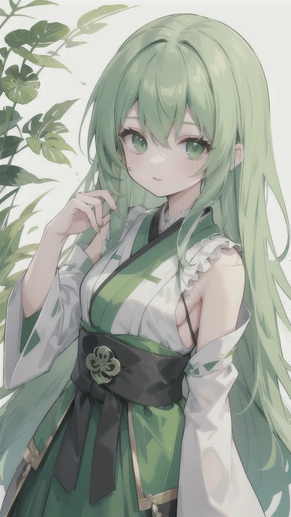 a girl with long emerald green hair, jade green eyes, wearing a dark green and black hanfu, turtle