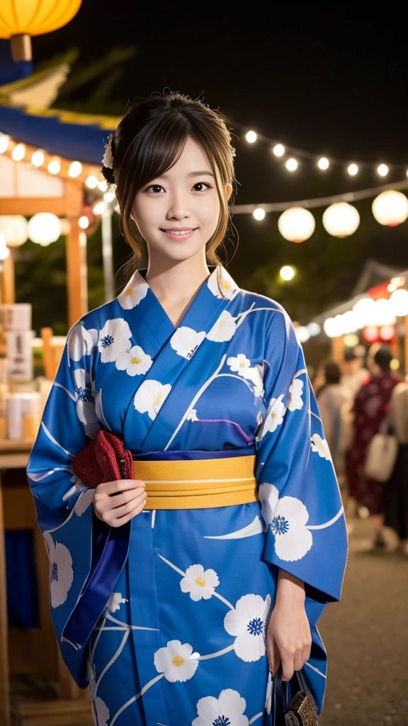 Highest quality、(beautiful)、Super delicate eyes、Fine skin、Brown eyes、22-year-old female、Brown Hair、smile、looking at the camera、Hair tied up on top of the head、Gal、yukata、night、festival、stall