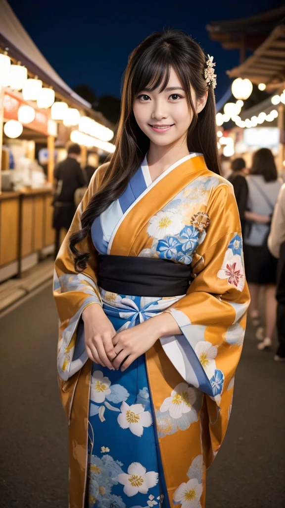 Having hair upstyled、Very Beautiful Japan Woman。She is wearing a long-sleeved warm-colored yukata.、She has striking bluish-black eyes and a bright smile.、Has an elegant posture。The background is a summer festival venue at night with many food stalls set up.。The image style is realistic.、It adds a touch of glamour.。