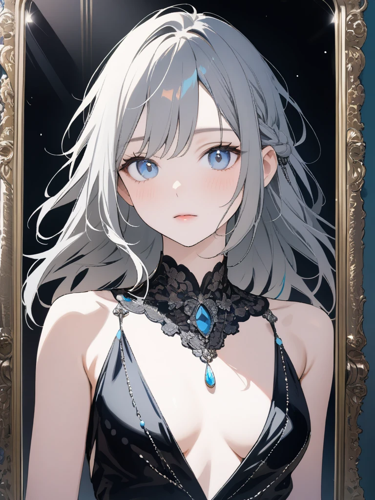 (((Best quality))), ((Ultra-detailed)), ((illustration)), ((Disheveled hair)), ((frilld)), (1 girl),(Solo),best quality, super fine, 16k, incredibly absurdres, extremely detailed, delicate and bold, a work of art, a carved mirror frame made of luxurious silver chrome plating, cracks radiating from the center of the mirror, red and black flamenco costumes reflected in the mirror, beautiful woman, Tiffany blue plaster room,rating:safe,gray_hair,blue_eyes,