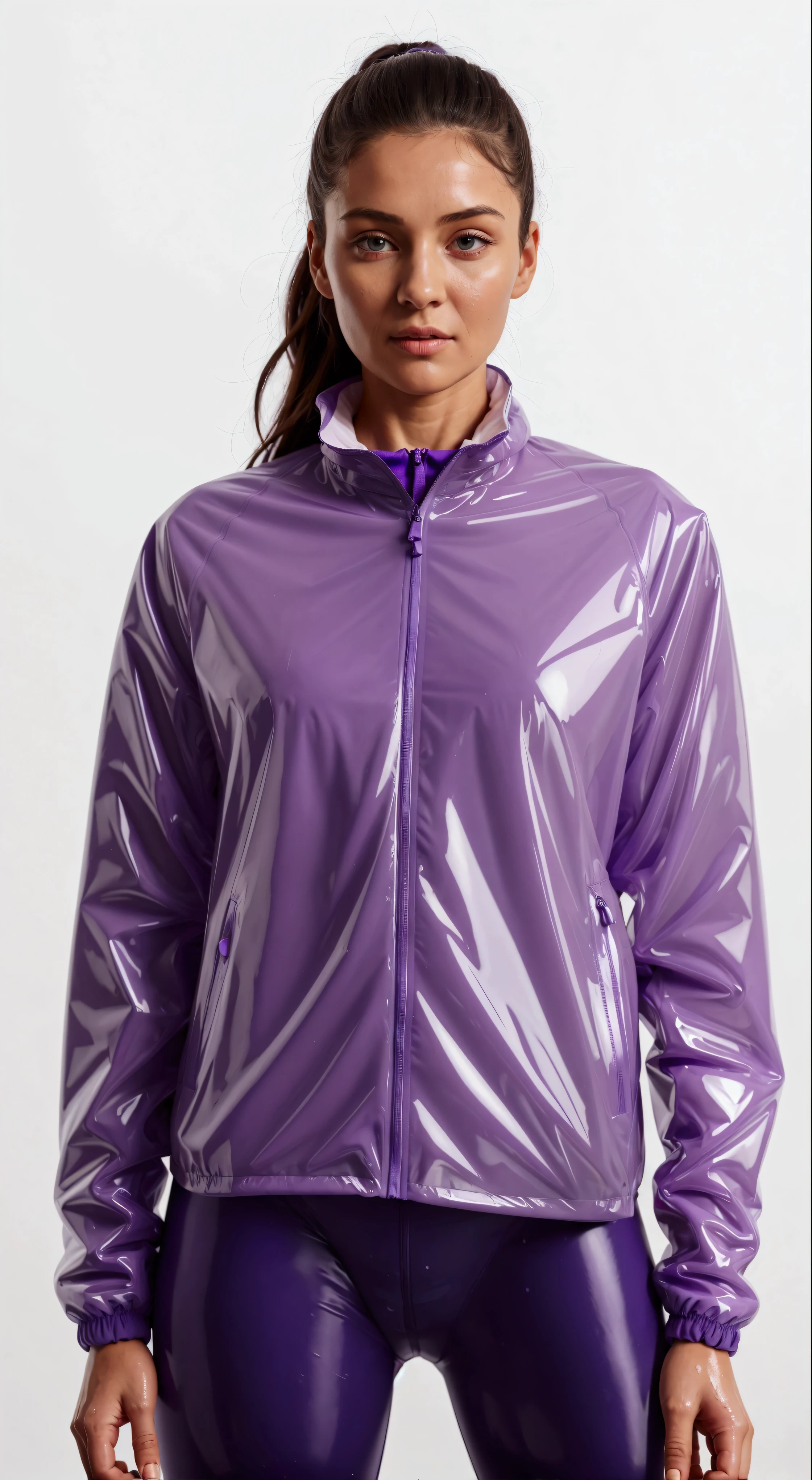 a woman in a purple jaket and leggings stands in Front oF a white background, purple jaket, sports clothes, sports clothes, purple raincoat, jaket, sports jaket, sweat, she is wearing a wet coat, F / 2 0, wētā fx, wearing translucent sheet, a purple suit jaket, with two Front pockets, motivational