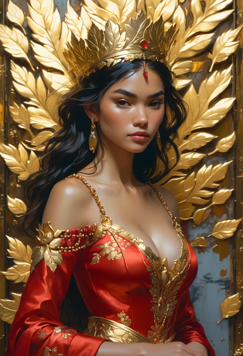 (gold leaf art:1.5), (oil paint art:1.2), (oil painting on canvas), (extremely detailed CG unity 8k wallpaper), full shot body photo of the most beautiful artwork in the world, medieval queen, red vale, zendaya face, zendaya body, golden crown, diamonds, thin pieces of gold leaf glued on places of gold decorations, medieval architecture, professional majestic oil painting by Ed Blinkey, Atey Ghailan, Studio Ghibli, by Jeremy Mann, Greg Manchess, Antonio Moro, trending on ArtStation, trending on CGSociety, Intricate, High Detail, Sharp focus, dramatic, cleavage, short skirt, thigh, sexy