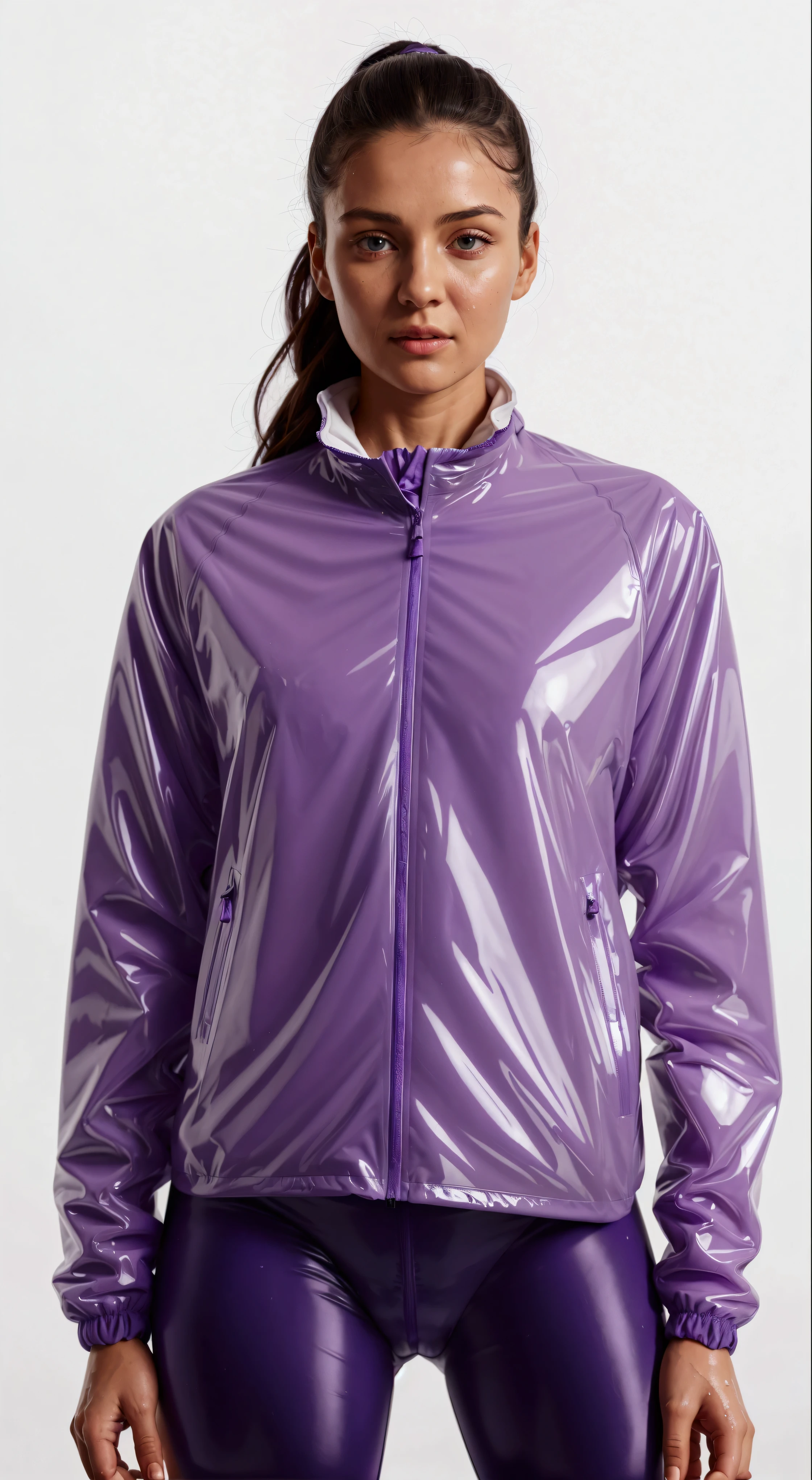 a woman in a purple jaket and leggings stands in Front oF a white background, purple jaket, sports clothes, sports clothes, purple raincoat, jaket, sports jaket, sweat, she is wearing a wet coat, F / 2 0, wētā fx, wearing translucent sheet, a purple suit jaket, with two Front pockets, motivational