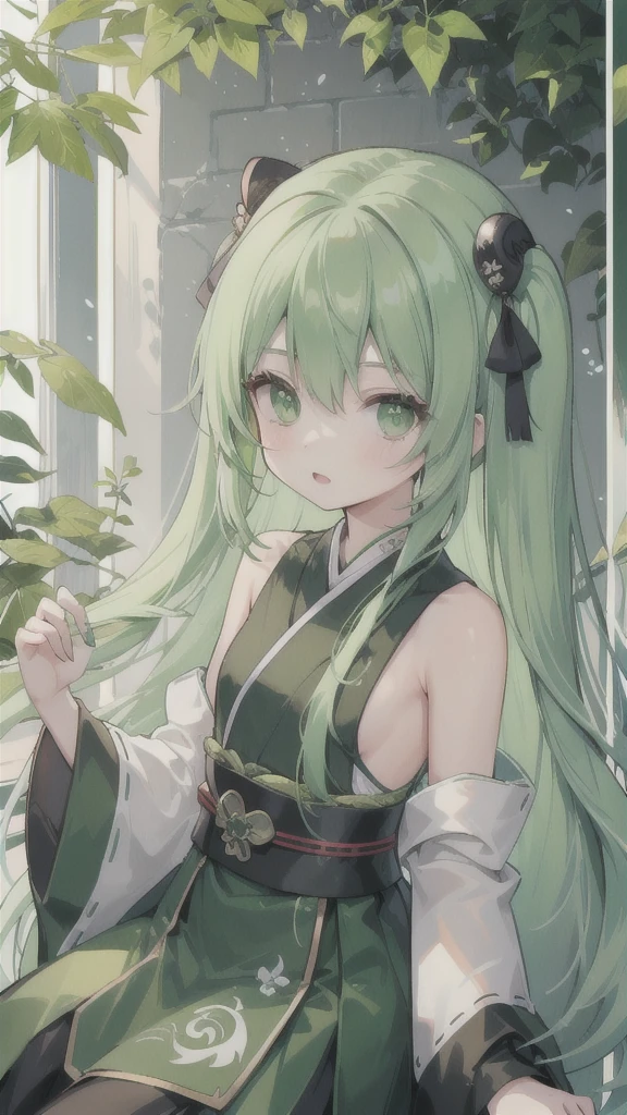 （（masutepiece、An ultra-high picture quality、ultra-quality、8K、clear details、face perfect、Phenomenally cute face、the perfect body、Big、realphoto、））18year old、A cute girl with green hair that stretches down to her back, Standing around 150cm tall.、Green hair、Hair fluttering in the wind、 black chinese clothes、The crotch visible from the black Chinese dress fluttering in the wind、Dissatisfied, but she looks shy.、（A photo looking up from below with a full body composition、The wind flips my clothes and I can see my crotch......）