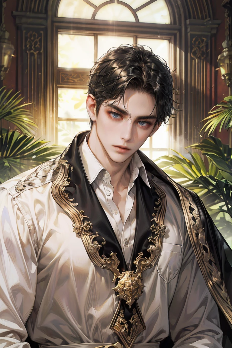 (absurd, high resolution, very detailed, HDR), man had black hair, was thick and tall, and had yellowish-white skin, Wear a white shirt. Half-Russian- Handsome face