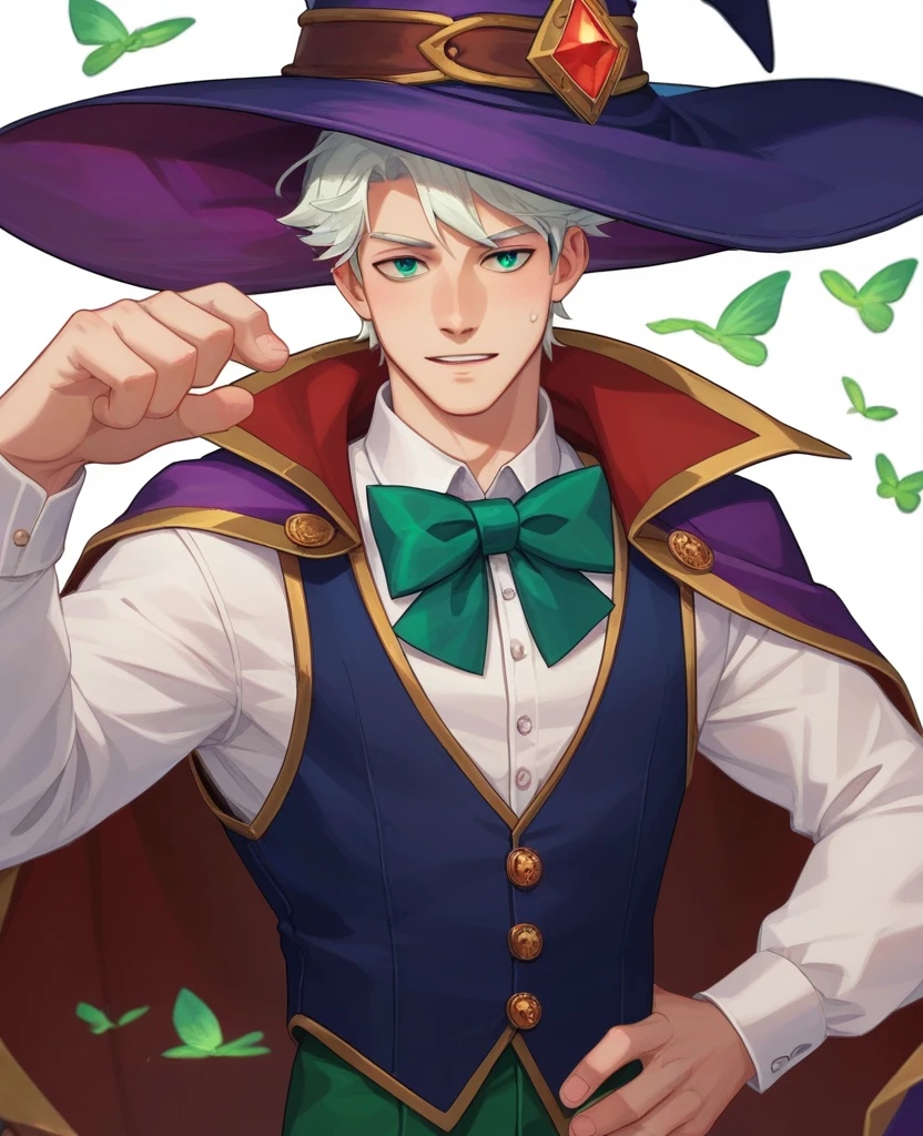 score_9, score_8_up, score_7_up, source_cartoon, solo, boy1 , Wizard hat , human Male , white hair, wearing Vest , Green bow Tie