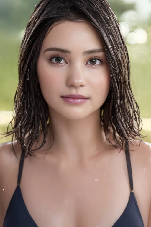 (Best Quality, 8k, Masterpiece: 1.3), Gorgeous Woman, 1 Girl, (黒 One-Piece Swimsuit: 1.2) (Skinny, Healthy, Perfect Body: 1.2), abs: 1.1, Dark Brown Hair: 1.1, (Rain Wet, Wet Body: 1.2), (Night Pool Room: 1.6) Ultra-detailed face, detailed lips, detailed eyes, double eyelids pubic hair tanned skin Trimmed bangs, shy smile