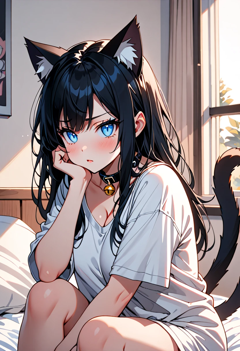 solo female, sitting on bed, oversized t-shirt, large breasts, young, blue eyes, slit pupils, straight long black hair, cat ears, cat tail, confused, morning, w sitting, very cute, curvaceous, close up, cleavage, one bare shoulder, hugging knee, resting face on knee, cat bell collar, close up