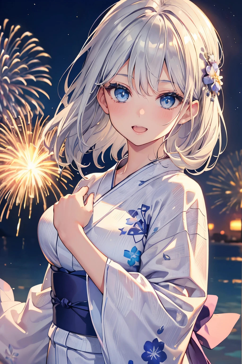 (Best quality,4K,8K,High resolution,Masterpiece:1.2),Super detailed,(Actual, Realistic),
break,
((Beautiful clear blue eyes:1.2)),very kind eyes,eyes wide open,beautiful eyelashes,beautiful lower eyelashes,
break,
((Beautiful and shiny silver hair:1.3)),A dazzling smile, a bursting smile, an open mouth laugh,
break,
(floral pattern yukata:1.3),
break,
very happily,((bust shot)),zoom in,
break,
fireworks