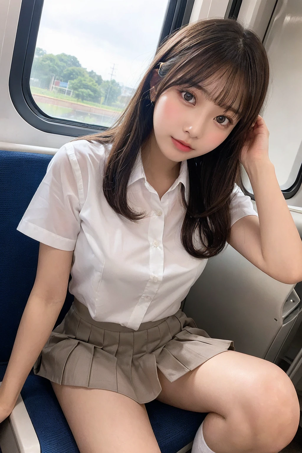 Tabletop, Highest quality, One Girl,Show off her white 1.6Squat (beautiful girl, Cosplayers:1.3), (16 yearDefinition of Very Fine Particles, (Symmetrical eyes:1.3), (Beautiful views, Sit in a long seat on the train), (Low angle shot, From below, Front view:1.3), (school uniform, A wet, see-through white shirt, mini skirt:1.3), Beautiful breasts, Brown eyesd bangs, Brown Hair