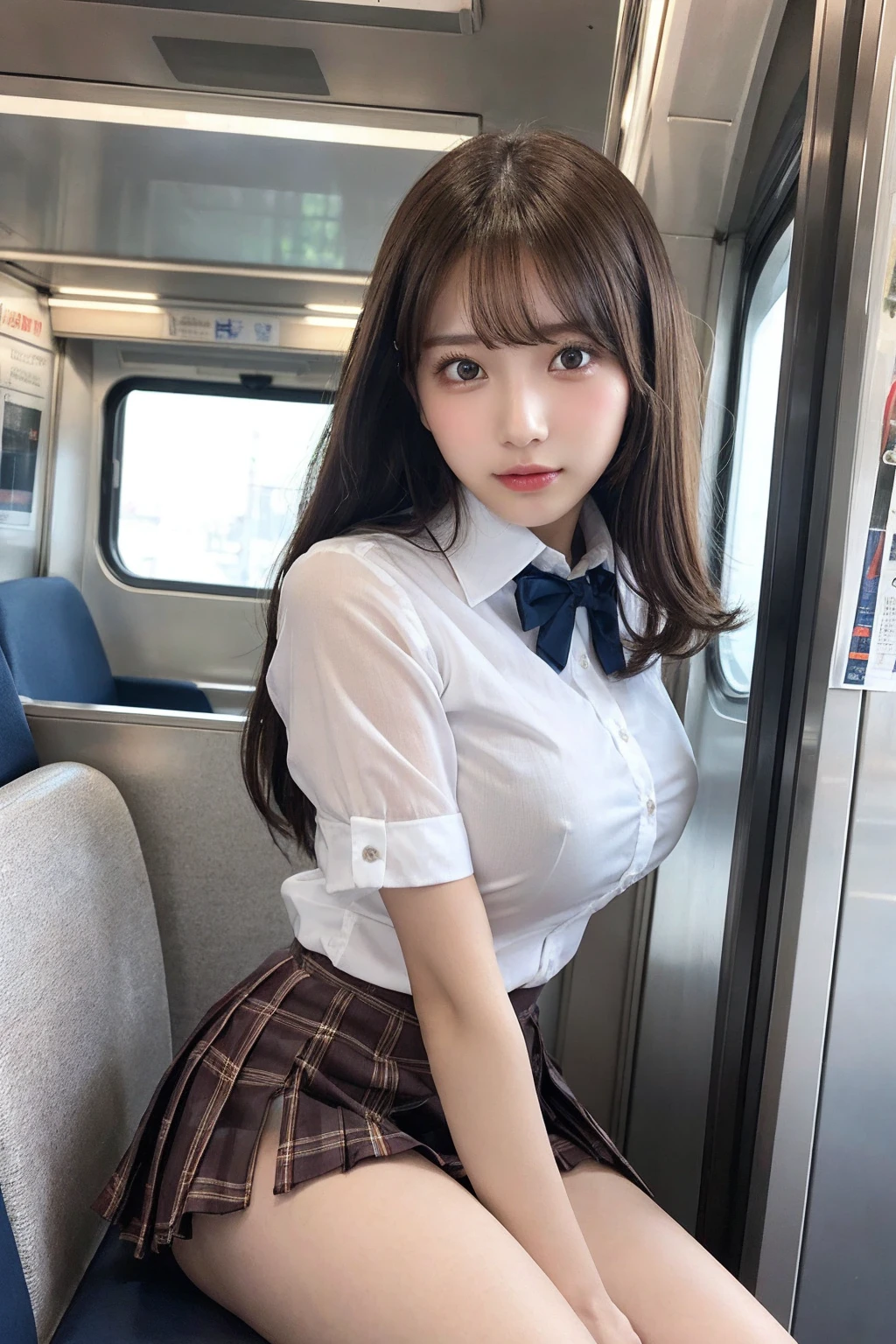 Tabletop, Highest quality, One Girl,Show off her white panties1.6Squat (beautiful girl, Cosplayers:1.3), (:1.2), Definition of Very Fine Particles, (Symmetrical eyes:1.3), (Beautiful views, Sit in a long seat on the train), (Low angle shot, From below, Front view:1.3), (school uniform, A wet, see-through white shirt, mini skirt:1.3), Beautiful breasts, Brown eyes, Parted bangs, Brown Hair