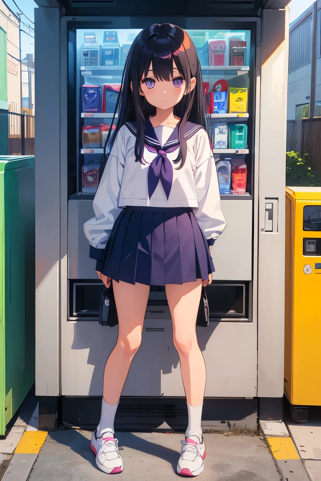 , 8 years old, toddler　Fblack hair, lr, purple eyes 　 White upper body, short-sleeved sailor uniform　Navy blue mini skirt　White panties　（（I can see her panties））　White socks　sneakers　School corridor　In front of the vending machine　Are standing　 Dynamic Angle　Low - Angle